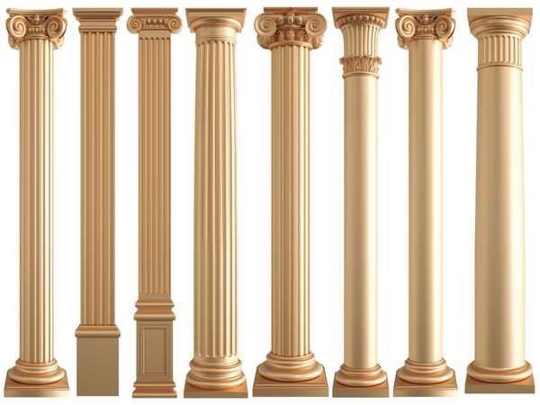 ستون های طلایی در یک پس زمینه سفید جدا شده تصویر 3D