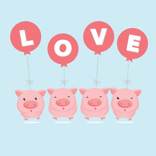 کارتون خنده دار خوک صورتی بر روی بالن های LOVE آویزان است کارت پستال روز ولنتاین تصویر برداری