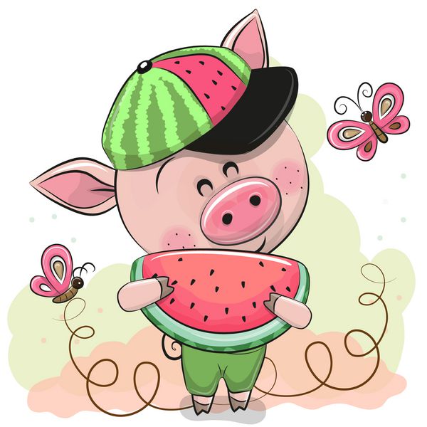 خوک کارتونی ناز در یک کلاه با هندوانه
