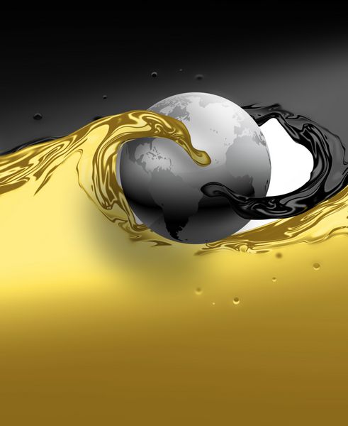 امواج انتزاعی نفت سیاه و زرد در اطراف سیاره