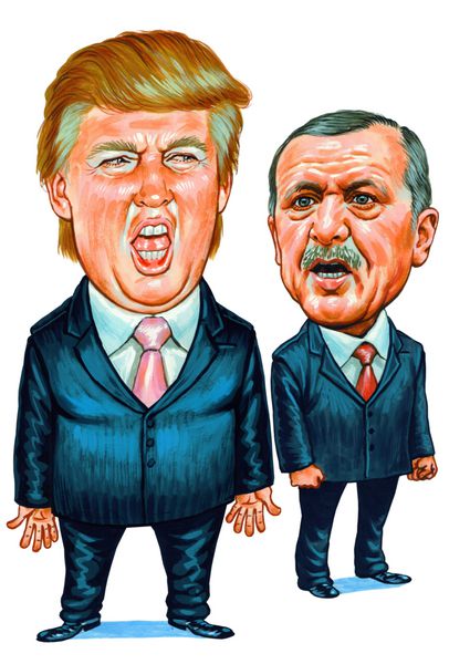 دونالد جان ترامپ رئیس جمهور 45 ساله ایالات متحده و رجب طیب اردوغان رئیس جمهور ترکیه تصویر کاریکاتور طراحی اوت 222018