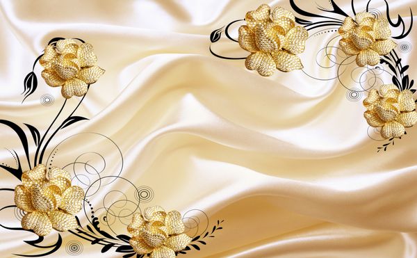 3D گل طلایی جواهرات در زمینه پارچه تصویر زمینه برای دیوار