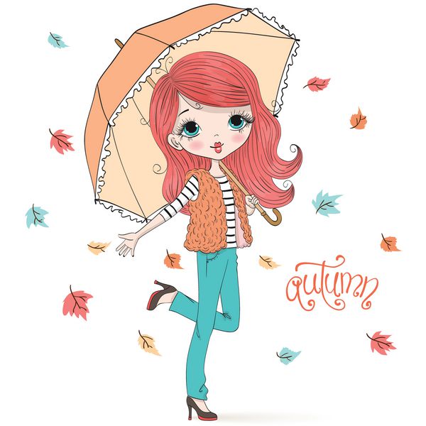 دست کشیده زیبا زیبا دختر با چتر در پس زمینه با پاییزه کتیبه تصویر برداری