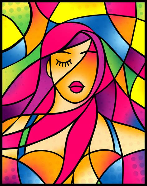 دختر جذاب جذاب دراماتیک با موهای بنفش یک ظاهر طراحی شده در آثار بافت شیشه ای رنگی
