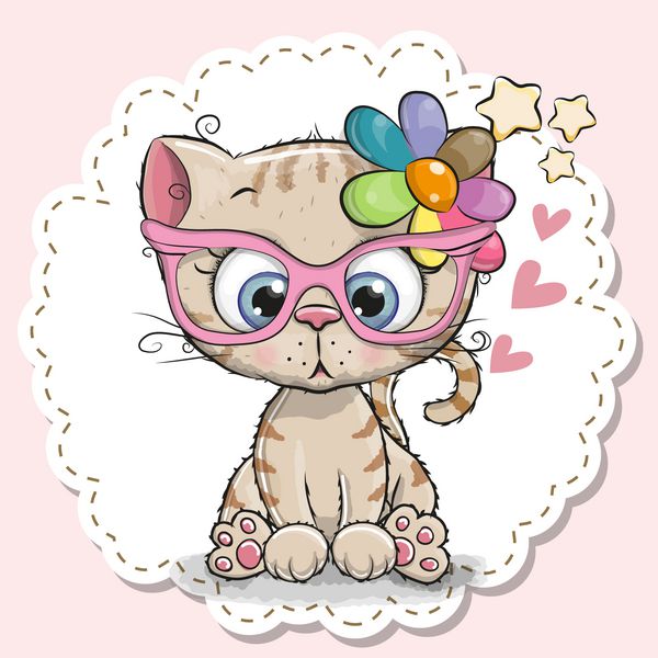 دختر گربه کارتون ناز در عینک های صورتی با یک گل