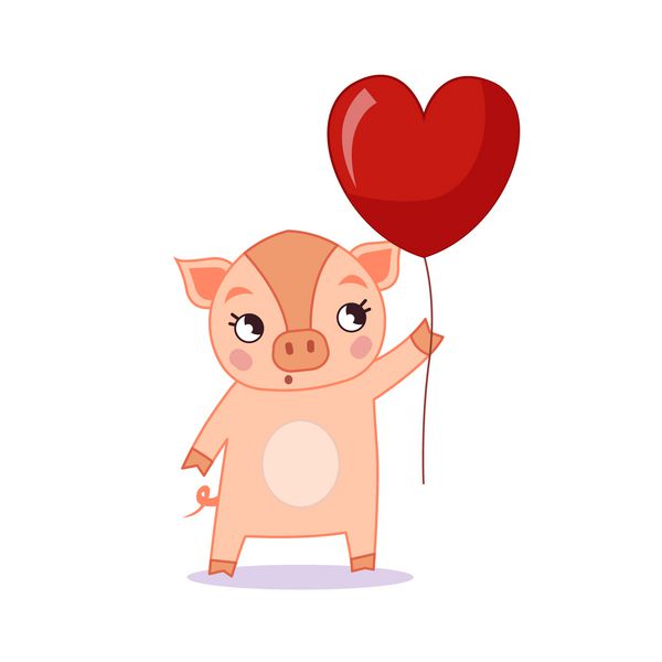 یک خوک کارتونی زیبا که یک بالون را به شکل یک قلب نگه داشته است قالب کارت پستال در روز ولنتاین
