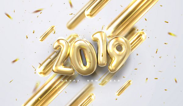خوش آمدید 2019 سال تصویر برداری تعطیلات ولنتاین های طلایی 3d هندسی و اعداد حباب 2019 جشن با ستاره های زرق و برق دار آویزان می شود طراحی پوشش مدرن