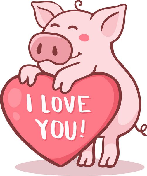 تصویر برداری از خوک کارتونی ناز با قلب صورتی بزرگ و متن من شما را دوست دارم طرح سبک هنر دست خط کشیده شده از نماد سال 2019 برای وب سایت کارت تبریک پوستر روز
