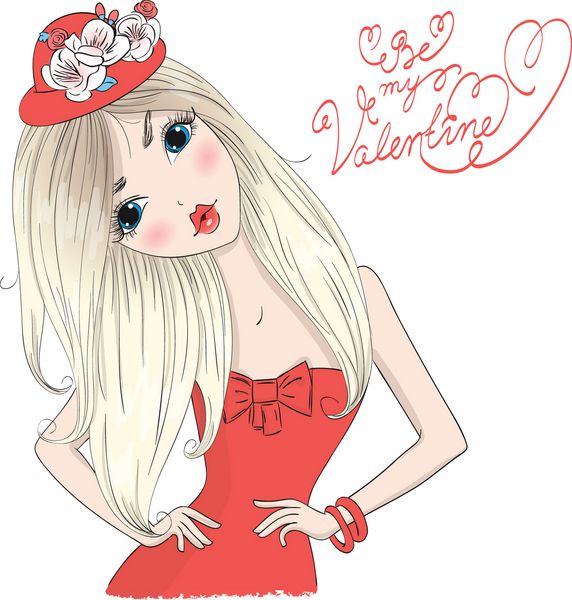 دست کشیده زیبا زیبا کارتون دختر ولنتاین مد لباس در قرمز تصویر برداری