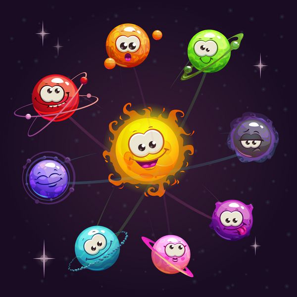 خنده دار سیستم خورشیدی فانتزی کارتون با رنگارنگ سیاره و شخصیت های خورشید در پس زمینه فضا تصویر برداری نجومی بردار childish