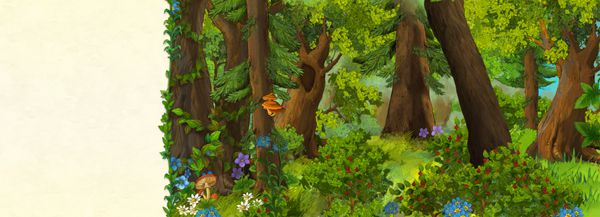 صحنه کارتونی با جنگل وحشی زیبا با فضای متن تصویر برای کودکان