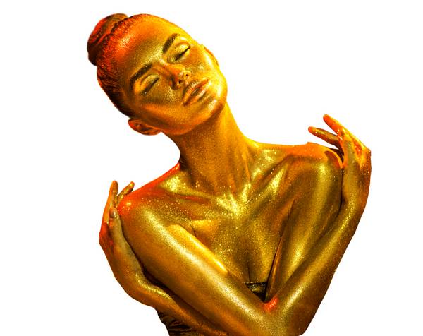 هنر مد هنر طلایی زن چهره زیبایی فلزی طلایی پرتره بدن جدا شده بر روی زمینه سفید مدل دختر با تعطیلات طلایی Glamour آرایش براق طلا و جواهر طلا و جواهر لوازم جانبی