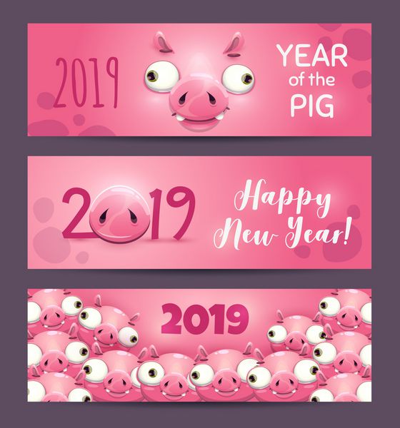 سال 2019 خوک خنده دار صورتی افقی سال نو آگهی ها با خوک های کارتونی کمیک قالب وب قالب