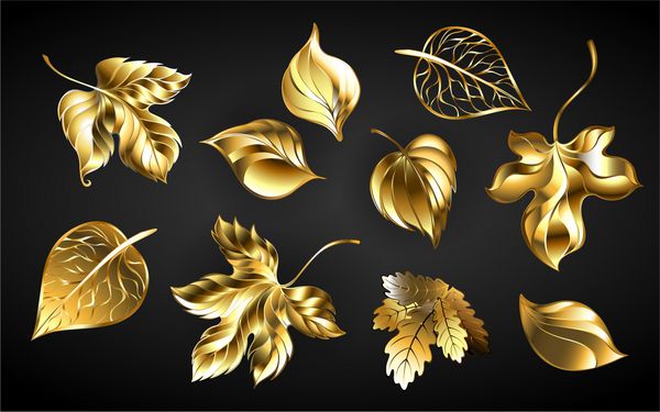 مجموعه ای از جواهرات طلا براق برگ های پاییز در پس زمینه سیاه و سفید