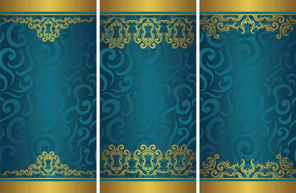 مجموعه ای از سه قالب برای کارت دعوتنامه پوستر آگهی دکوراسیون طلای لوکس در پس زمینه گل آبی