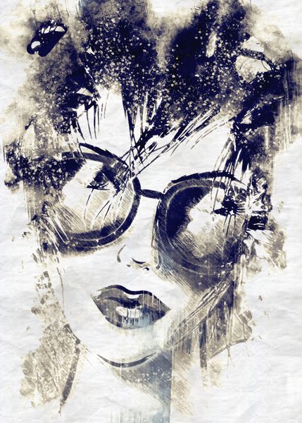 تصویر برداری تک رنگ با چهره نزدیک از دختر زیبا با عینک با موهای فرفری سیاه و سفید بر روی زمینه سفید در سبک گرافیک و آبرنگ