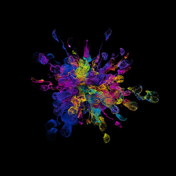 پس زمینه رندر 3D با ذرات انتزاعی آشفتگی و ذرات خرد شده شبیه سازی مجتمع جدا و رنگارنگ