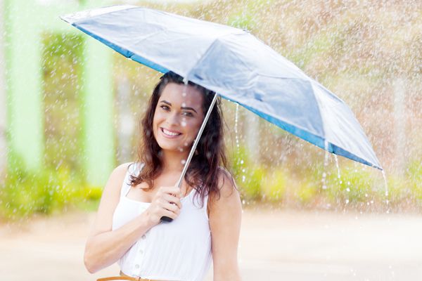 زن زیبا در باران با چتر