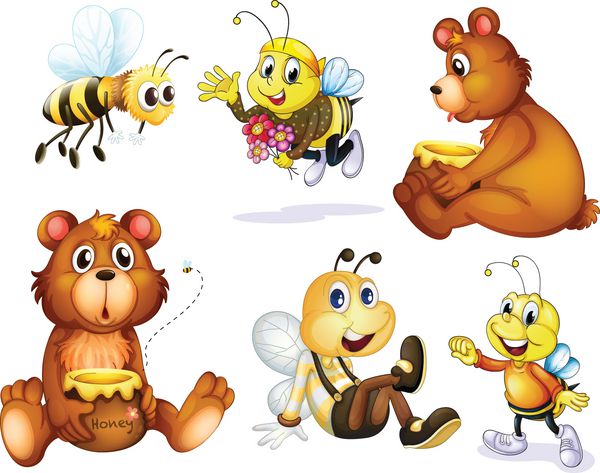 تصویری از دو خرس و چهار زنبور در یک زمینه سفید