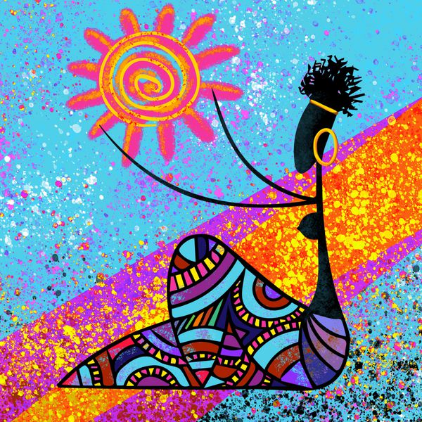 سنتی آفریقایی زیبا دختر سیاه و سفید دارای آثار هنری آثار نقاشی دیجیتال در تصویر پس زمینه آبی است