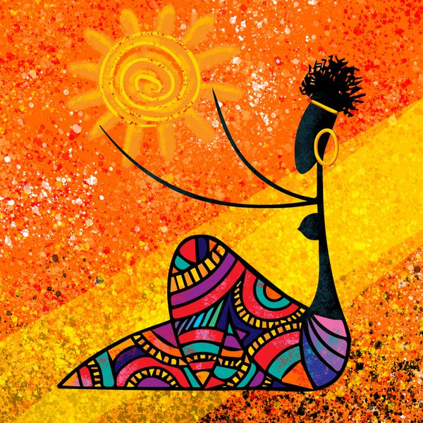 دختر آفریقایی آثار هنری بوم نقاشی دیجیتال را که در رنگهای گرم اصلی است نگه می دارد