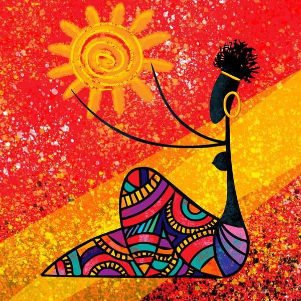 دختر آفریقایی آثار هنری نقاشی دیجیتال را بر روی تصویر پس زمینه انتزاعی قرمز نگه می دارد
