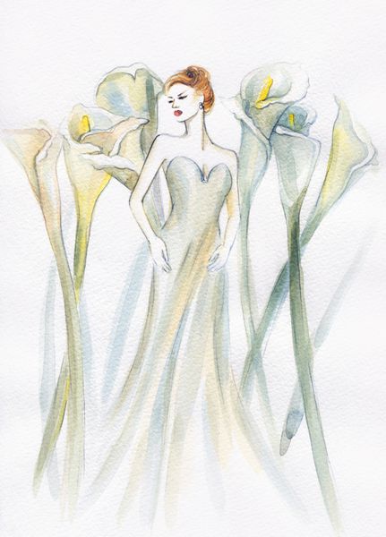 زن زیبا و گل های سفید تصویر آبرنگ
