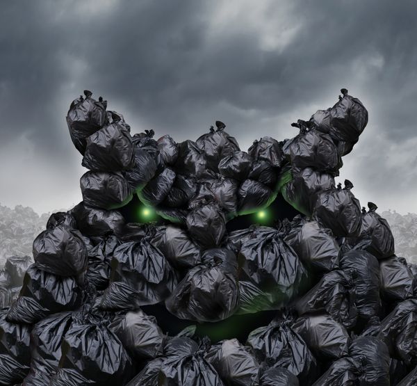 هیولا زباله در یک تخلیه به عنوان کوه های کیسه های زباله سیاه با بوی ناخوشایند شکل گرفته به عنوان یک شخص شر با چشم های سبز درخشان و نفس بد در یک زباله زباله زیست محیطی