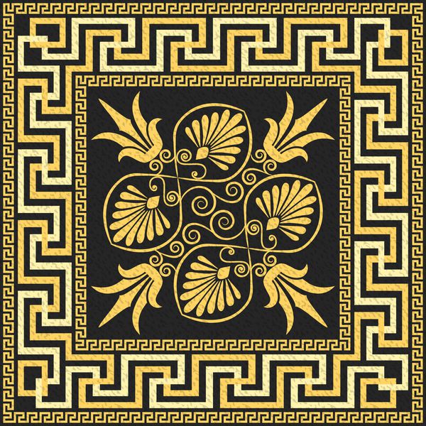 بردار مجموعه ای از عتیقه طلای یونانی با طرح عتیقه طلایی Meander و الگوی گلدار در پس زمینه سیاه و سفید