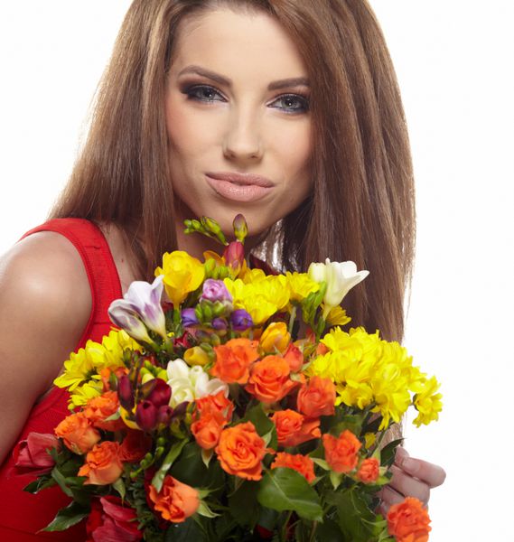 دختر زیبا با گل بهار جدا شده