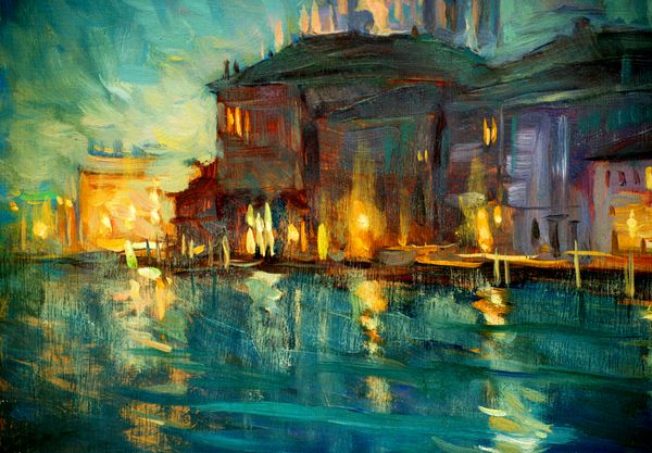 چشم انداز شبانه به Venice نقاشی با روغن روی تخته سه لا تصویر