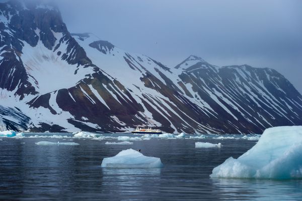 HORNSUND SVALBARD NORWAY ژوئیه 26 2010 کشتی کروز ملی Geographic Explorer در مقابل یخچالهای طبیعی در اقیانوس اطلس قطب شمال