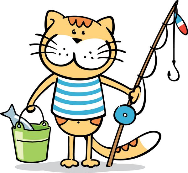 گربه ماهیگیر گربه با ماهیگیری و ماهی در سطل