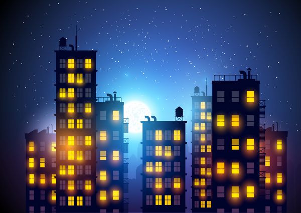 شهر در شب تصویر برداری از بلوک های آپارتمانی در یک شهر در شب