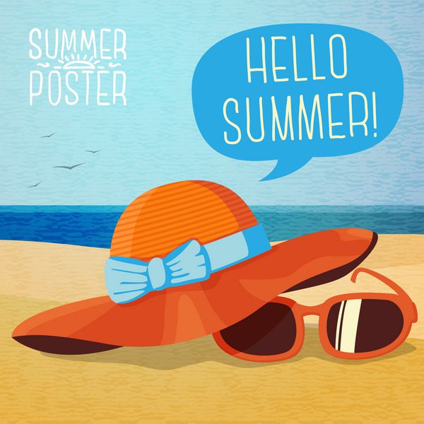 پوستر تابستان ناز کلاه تابستانه و عینک آفتابی در ماسه ساحل با حباب سخنرانی برای متن شما بردار