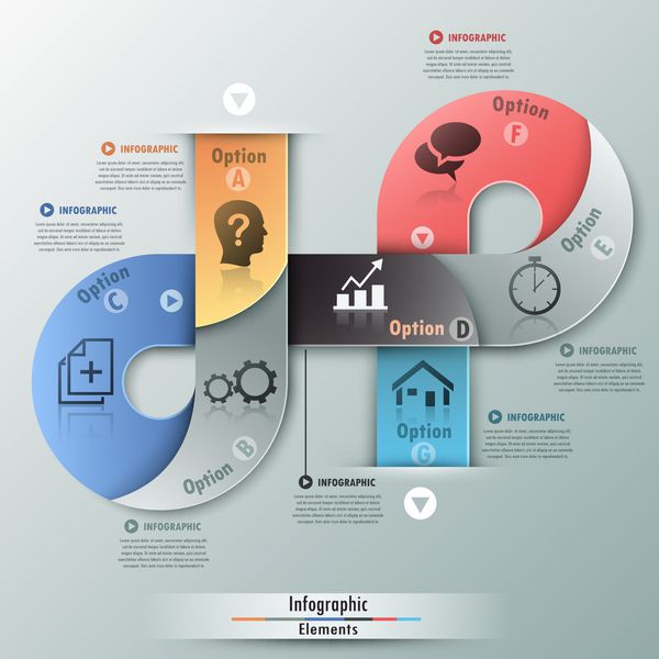 بنر گزینه های infographics مدرن با روبان رنگارنگ واقع بینانه به 7 مرحله و آیکون تقسیم شده است بردار می توان برای طراحی وب و طرح گردش کار استفاده کرد