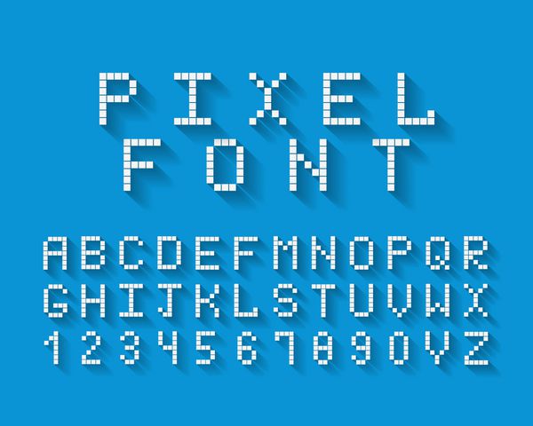 فونت بردار پیکسل با مجموعه ای کامل از حروف الفبای حروف بزرگ و اعداد 0 تا 9 در پس زمینه آبی