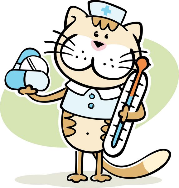 گربه کارتونی شخصیت دامپزشک ناز با دماسنج و قرص