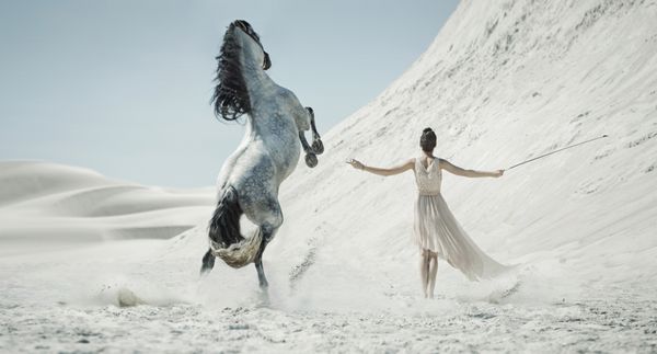 زن با یک اسب سفید در یک صحرا