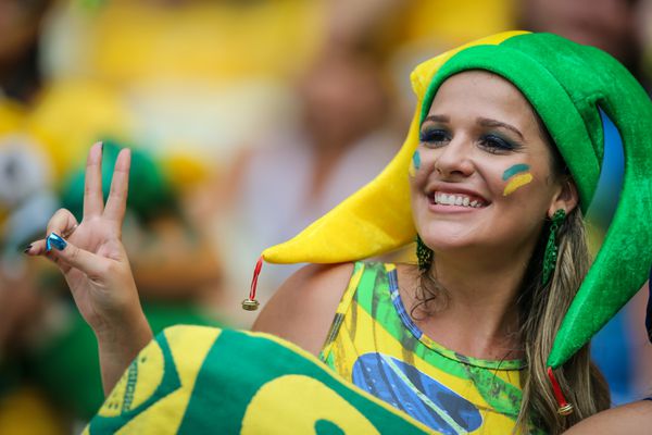 FORTALEZA BRAZIL 2014 ژوئن 17 طرفداران برزیل در مسابقات جام جهانی گروه A بین برزیل و مکزیک در استادیو کاستلائو جشن گرفتند بدون استفاده در برزیل