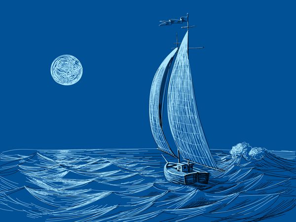 دید در شب دریا قایق بادبانی در مهتاب