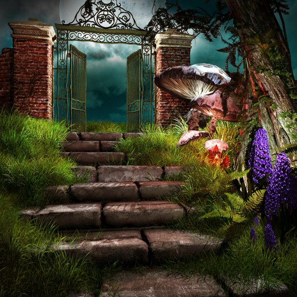 صحنه پری شبانه با دروازه قدیمی پله ها و قارچ ها