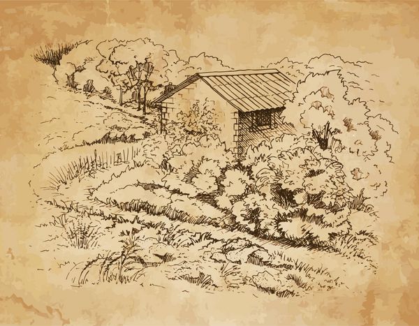 منظره روستایی با مزرعه قدیمی تصویر نقاشی دست