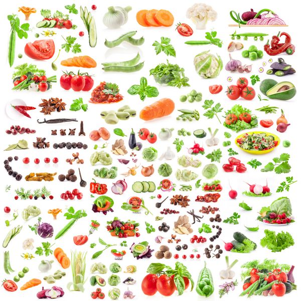 مجموعه بزرگ سبزیجات و ادویه جات ترشی جات جدا شده بر روی سفید