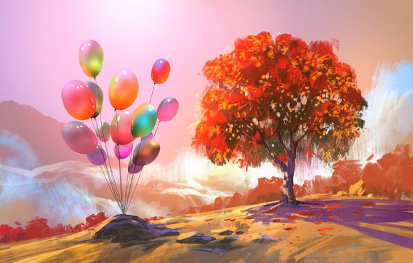 نقاشی دیجیتال از بالن های رنگارنگ در تپه پاییز