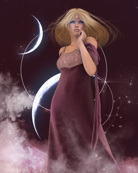 یک تصویر فانتزی از یک زن زیبا با مروه با ماههای هلال و حوله پشت سر او
