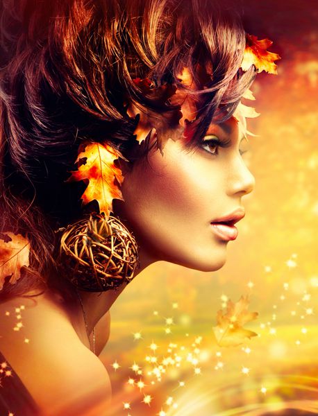 پاییز زن فانتزی مد طلایی پرتره سقوط دخترزیبا طراحی مرزی هنر مدرن مدل موهای تزئین شده با برگ های پاییز