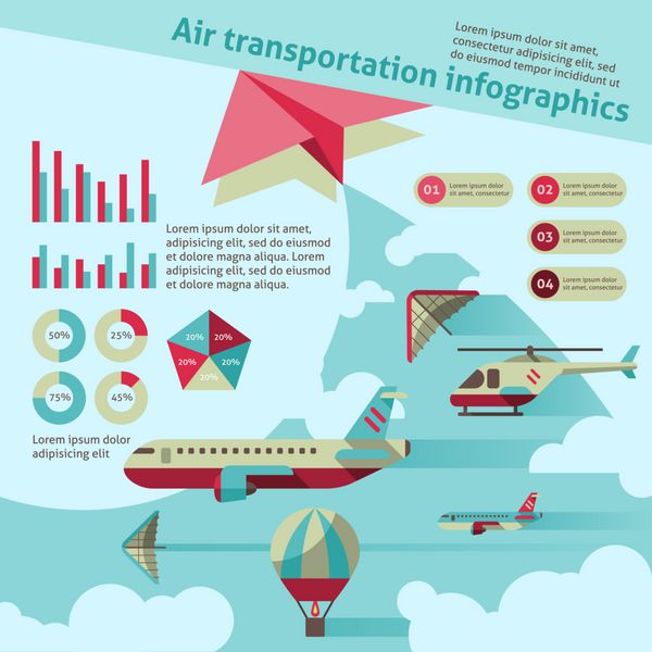 حمل و نقل هواپیما infographic مجموعه ای با هواپیما هلیکوپتر تصویر بالن هوا