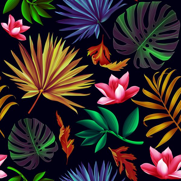 هیولا گرمسیری و برگ های نخل الگوی بدون درز شیک مد گل در سبک هاوایی