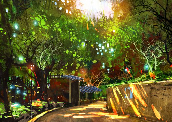 نقاشی دیجیتال نشان دادن نور زیبا در پارک تصویر